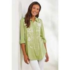 Soft Surroundings Embroidered Cotton‎ Shirt Tunic Green Women's Small Bohemian